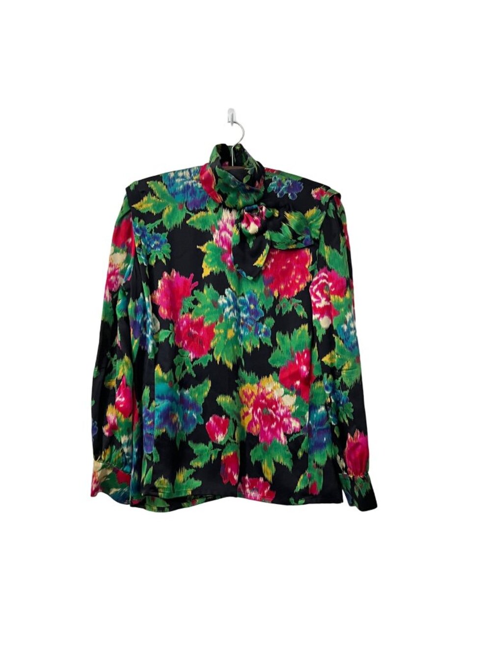 VTG Escada Maragaretha Ley Multicolor Floral Silk Bow Button Back Blouse 38 US 8